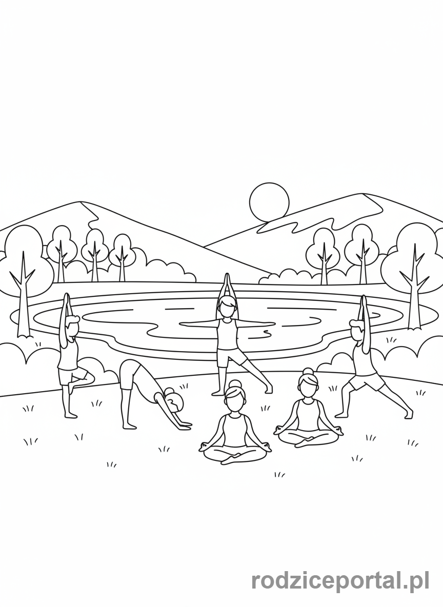Kolorowanka Joga - Grupa ludzi ćwiczących jogę w parku