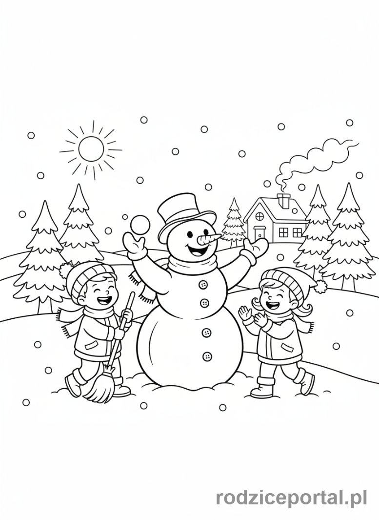 Kolorowanka Kalendarz Dla Dzieci - Bałwan z dziećmi