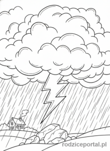 Kolorowanka Kalendarz Pogody - Burza z piorunami i ulewny deszcz.