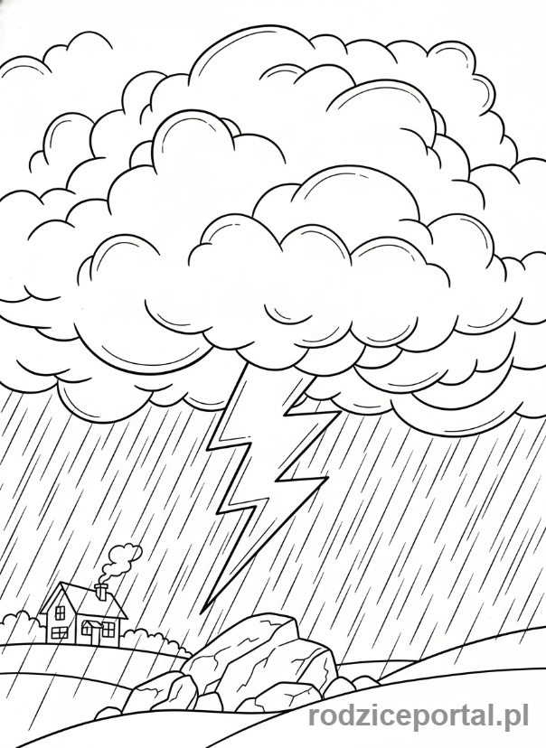 Kolorowanka Kalendarz Pogody - Burza z piorunami i ulewny deszcz.