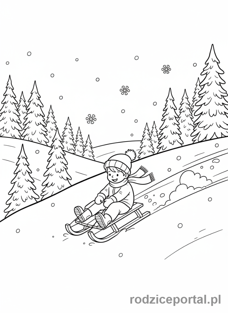 Kolorowanka Kalendarz Pogody - Dziecko na sankach i zaśnieżone drzewa.