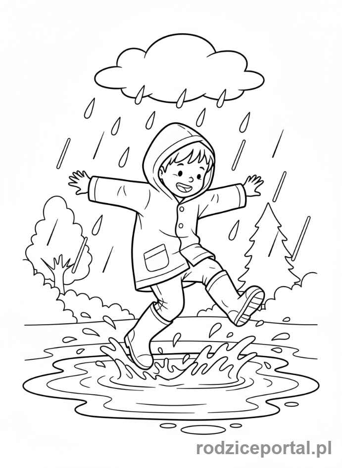 Kolorowanka Kalendarz Pogody - Dziecko w kaloszach w deszczu.