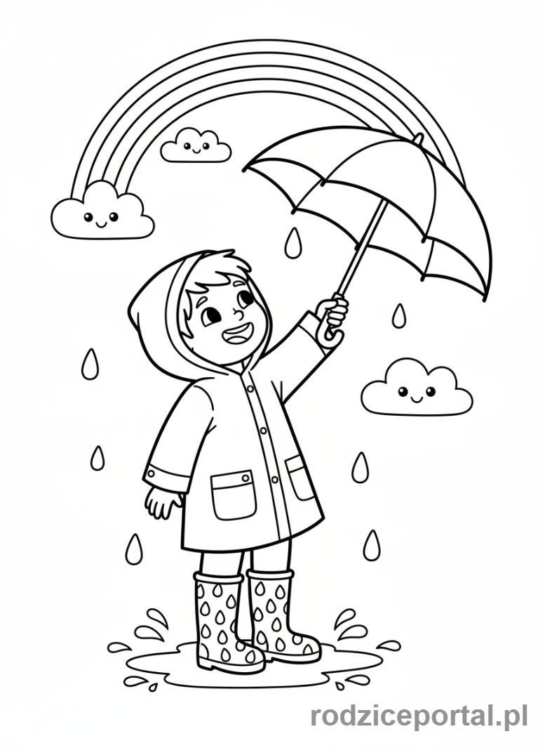 Kolorowanka Kalendarz Pogody - Dziecko z parasolem pod tęczą.