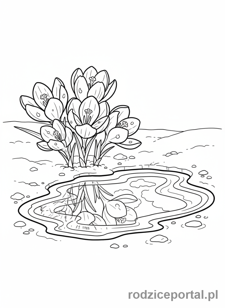 Kolorowanka Kalendarz Pogody - Krokusy i kałuże, wiosenna plucha.