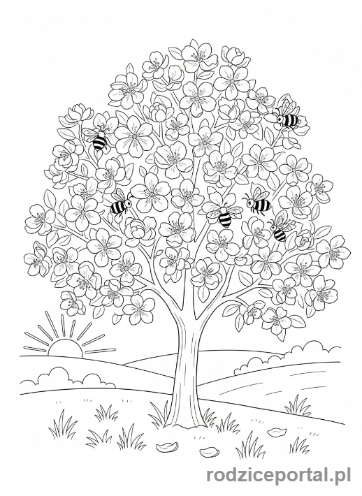 Kolorowanka Kalendarz Pogody - Kwitnąca jabłoń i pszczoły.