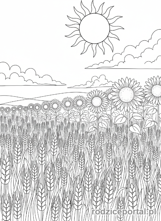 Kolorowanka Kalendarz Pogody - Pole zboża i słoneczniki.