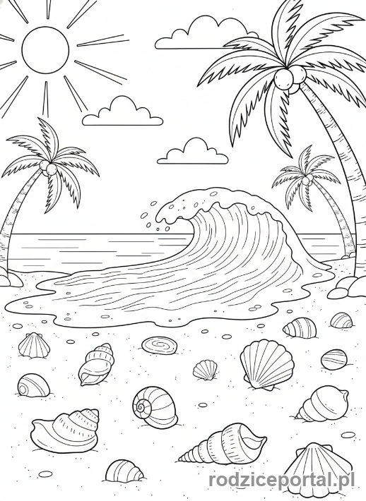 Kolorowanka Kalendarz Pogody - Słoneczna plaża i muszelki.