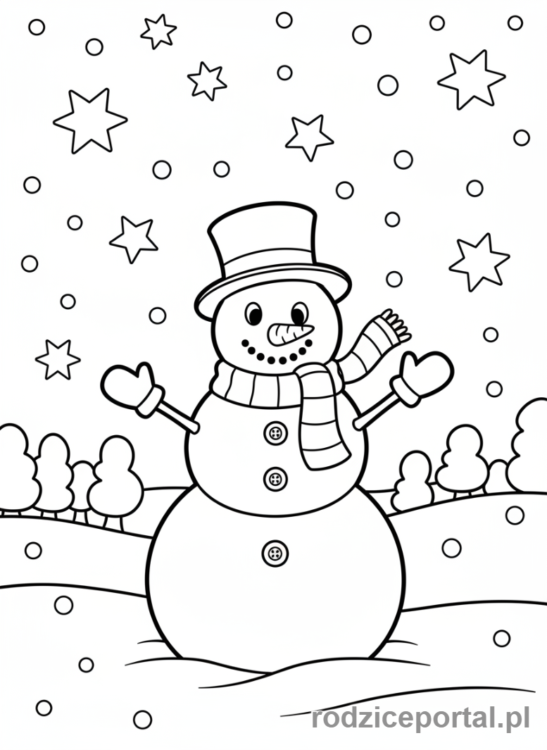 Kolorowanka Kalendarz Pogody - Wesoły bałwan w śniegu, padający śnieg.