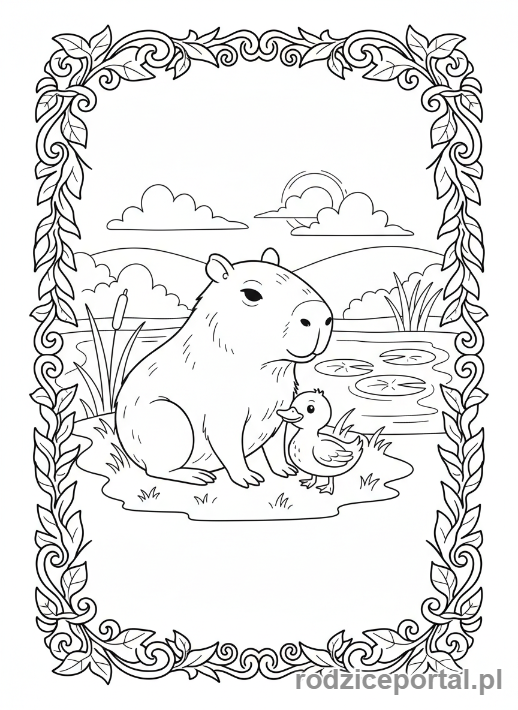 Kolorowanka Kapibara - Kapibara z kaczką