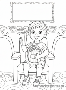 Kolorowanka Kino - Dziecko z popcornem w fotelu kinowym