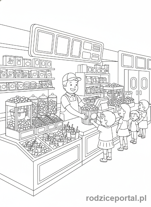 Kolorowanka Kino - Stoisko z przekąskami w kinie