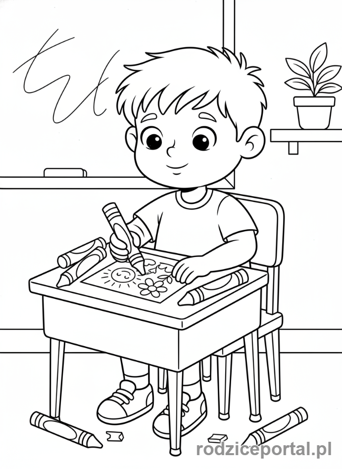 Kolorowanka Klasa 1 - Dziecko rysujące przy biurku