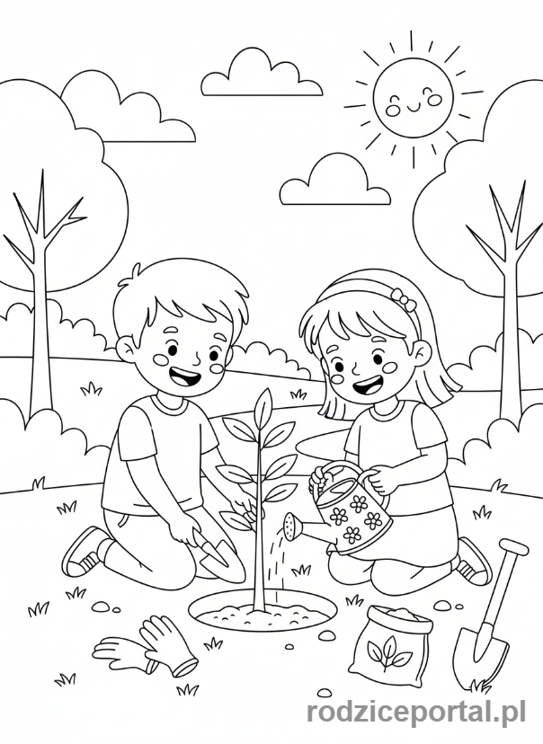 Kolorowanka Klimat - Dzieci sadzące drzewo