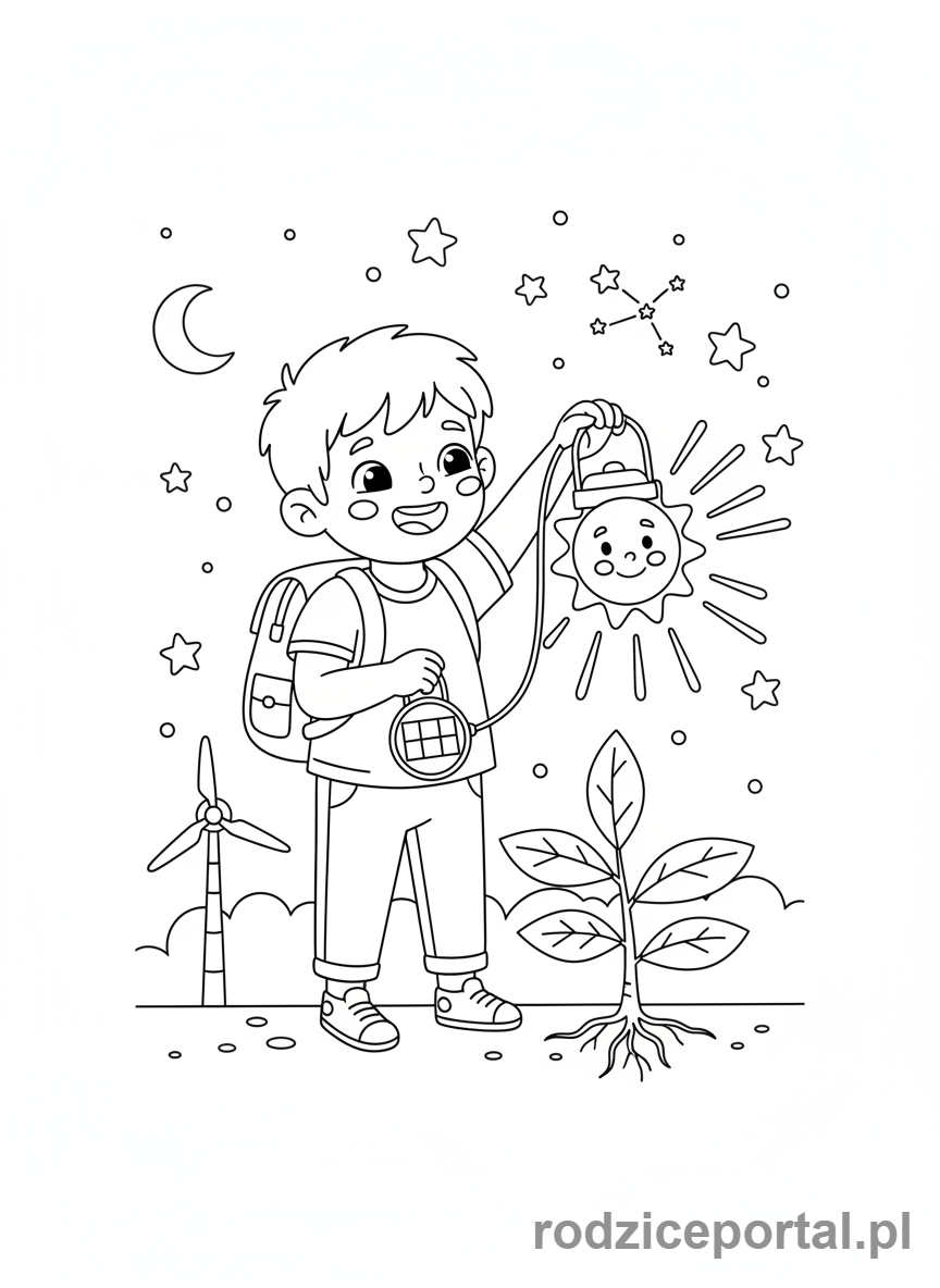 Kolorowanka Klimat - Dziecko z lampą słoneczną