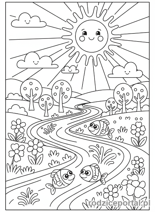 Kolorowanka Klimat - Słońce świecące nad rzeką