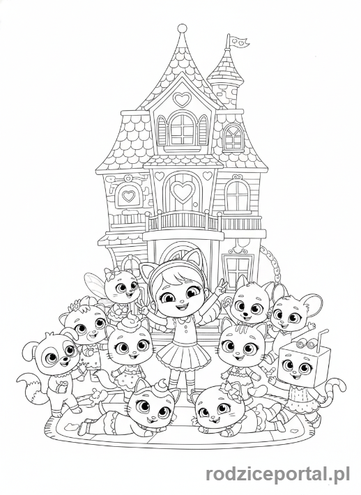 Kolorowanka Koci Domek Gabi - Cała ekipa pozuje