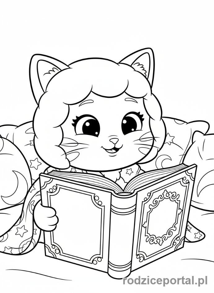 Kolorowanka Koci Domek Gabi - Poduszkotka czyta historie