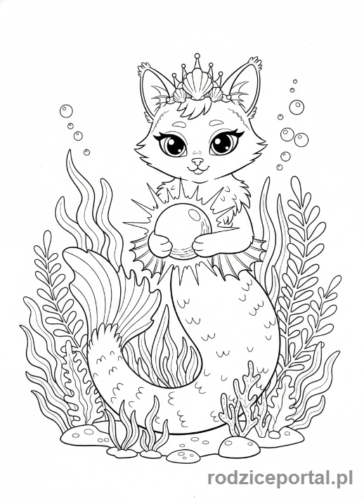 Kolorowanka Koci Domek Gabi - Syrenkotka pozuje z perłą