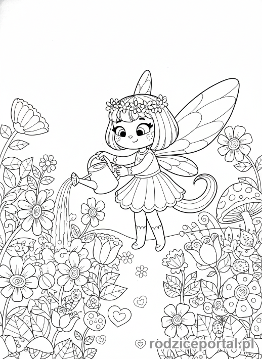 Kolorowanka Koci Domek Gabi - Wrozkiacia podlewa kwiaty