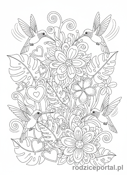 Kolorowanka Kolorowanki Dla Dorosłych - Kolibry wśród egzotycznych kwiatów