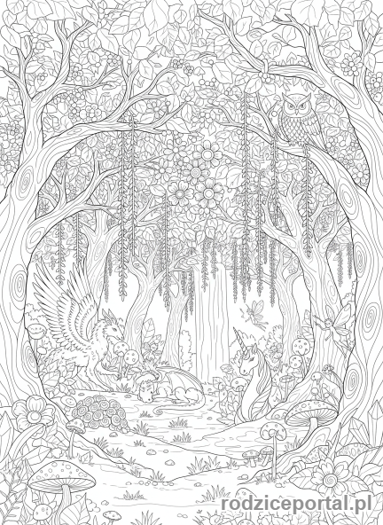 Kolorowanka Kolorowanki Dla Dorosłych - Mistyczny las z ukrytymi stworzeniami