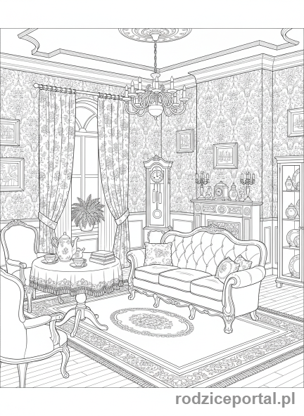 Kolorowanka Kolorowanki Dla Dorosłych - Wiktoriański salon z detalami
