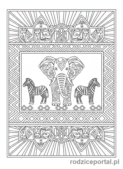 Kolorowanka Kolorowanki Dla Dorosłych - Wzór plemienny z afrykańskimi zwierzętami