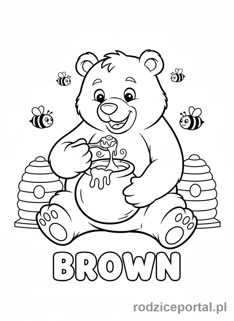 Kolorowanka Kolory Po Angielsku - Brązowy miś jedzący miód z napisem BROWN