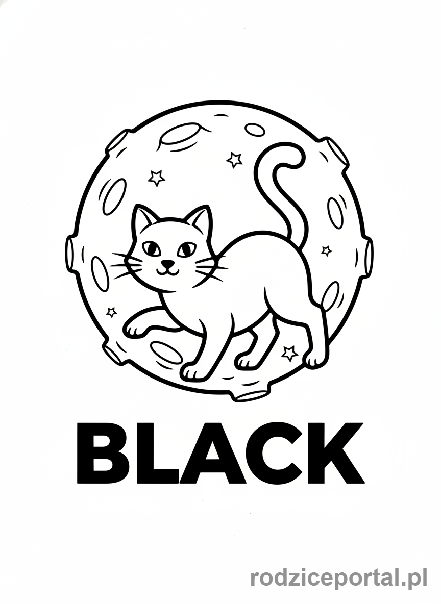Kolorowanka Kolory Po Angielsku - Czarny kot na tle księżyca z napisem BLACK