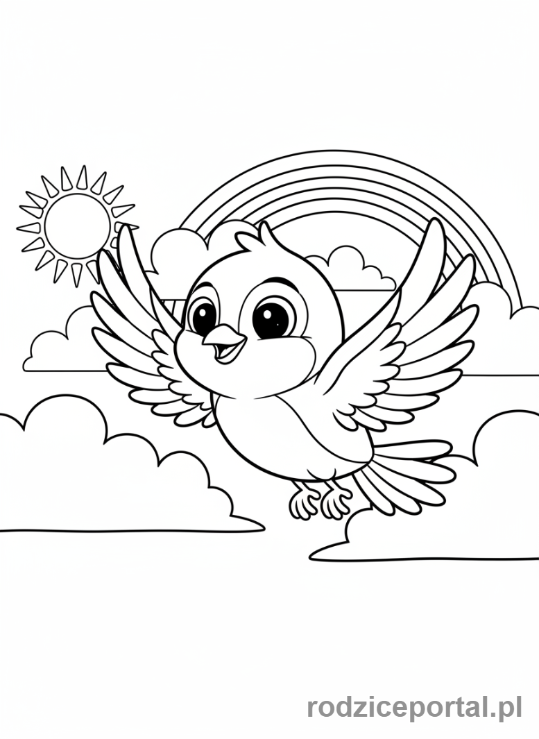 Kolorowanka Kolory Po Angielsku - Niebieski ptak na niebie z napisem BLUE