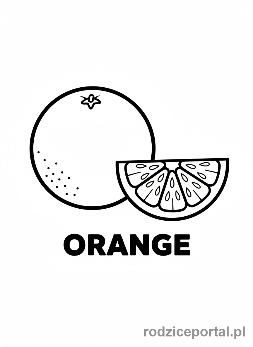 Kolorowanka Kolory Po Angielsku - Pomarańczowy owoc pomarańczy z napisem ORANGE