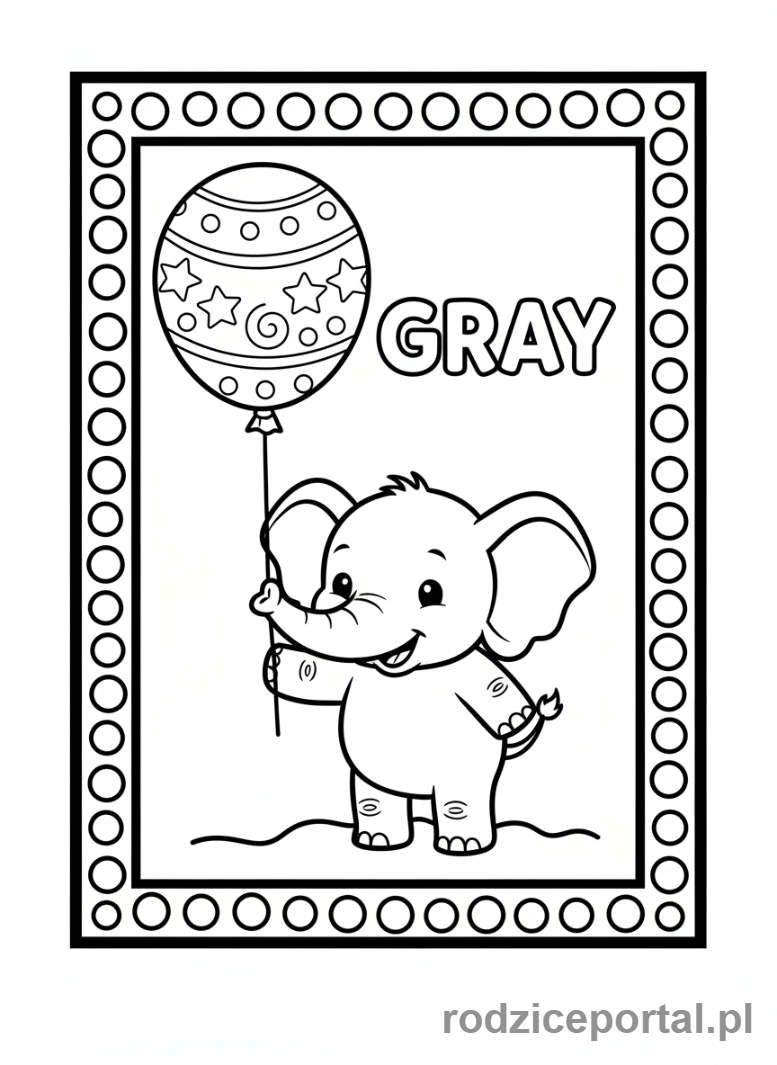 Kolorowanka Kolory Po Angielsku - Szary słoń z balonikiem i napisem GRAY