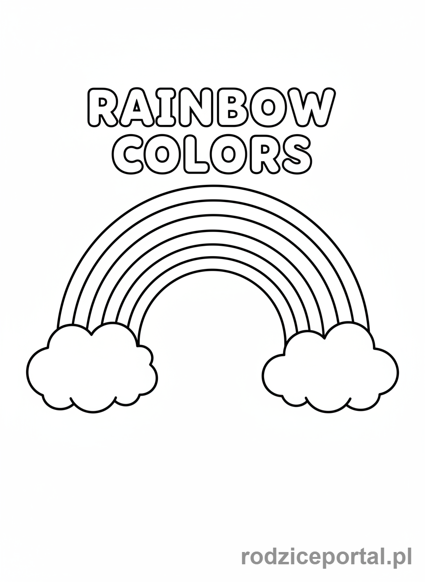 Kolorowanka Kolory Po Angielsku - Tęcza z chmurami i napisem RAINBOW COLORS