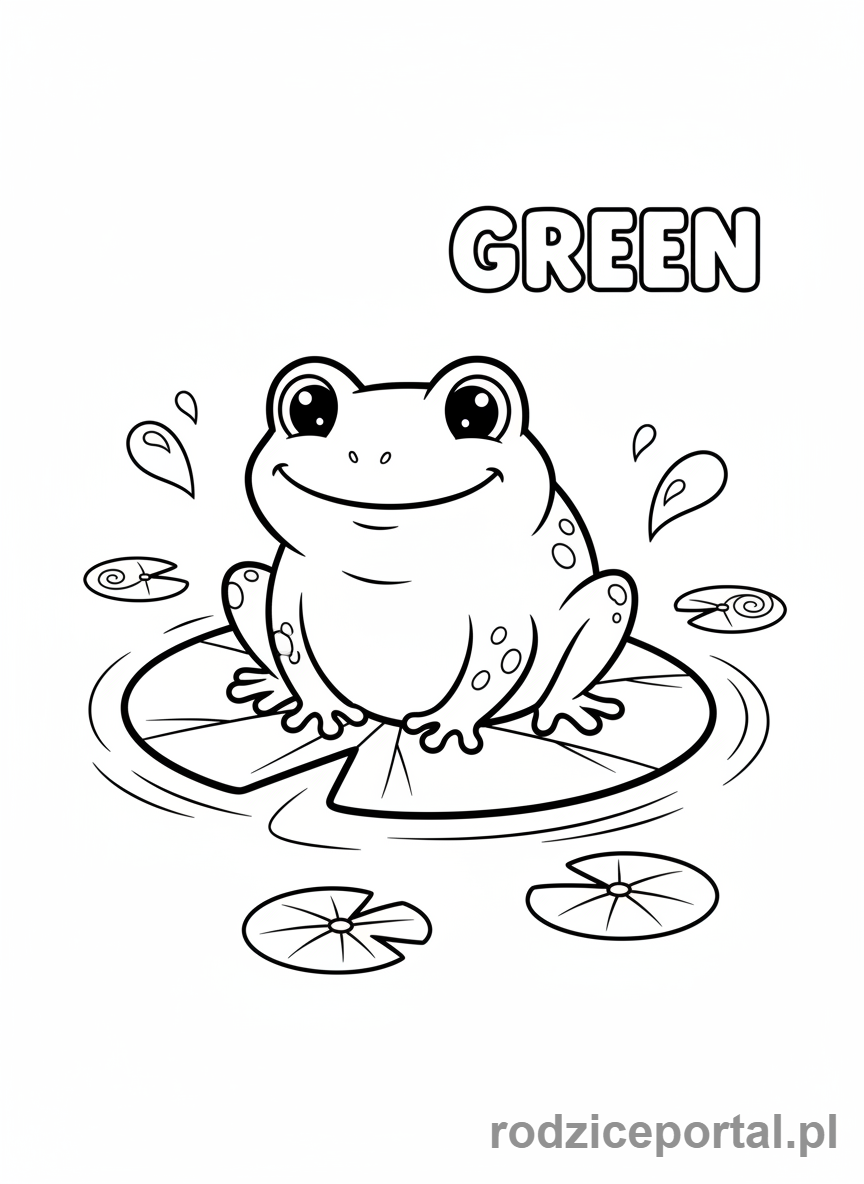 Kolorowanka Kolory Po Angielsku - Zielona żaba na lilii wodnej z napisem GREEN
