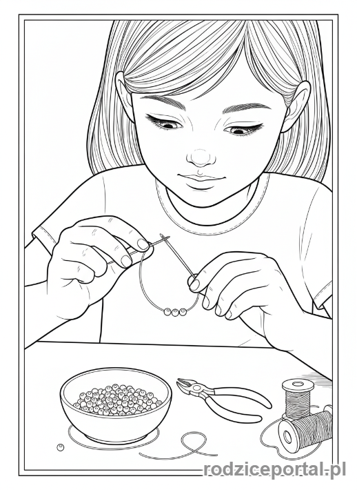 Kolorowanka Koncentracja Uwagi - Dziewczynka nawlekająca koraliki