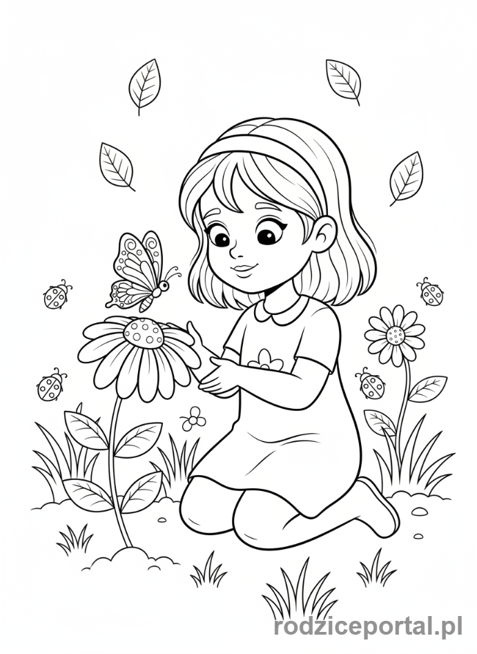 Kolorowanka Koncentracja Uwagi - Dziewczynka obserwująca motyla