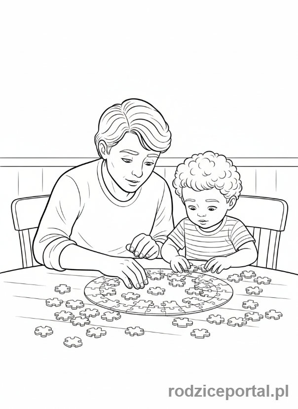 Kolorowanka Koncentracja Uwagi - Rodzina układająca puzzle
