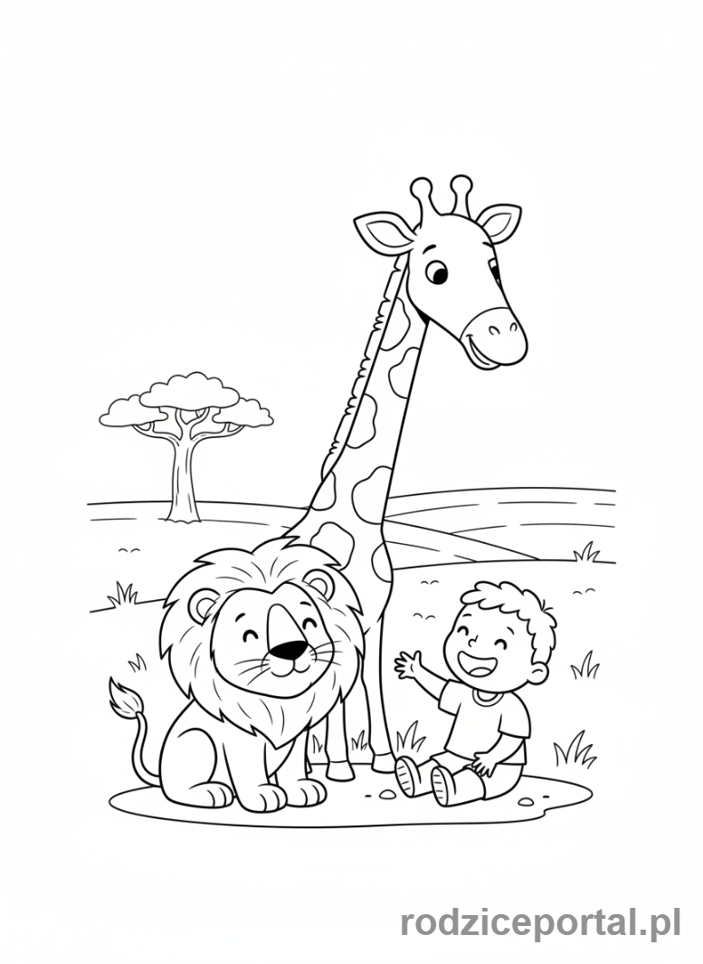 Kolorowanka Kontynenty Dla Dzieci - Afryka - lew i żyrafa