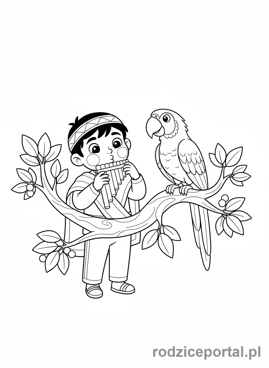Kolorowanka Kontynenty Dla Dzieci - Ameryka Płd - chłopiec i papuga