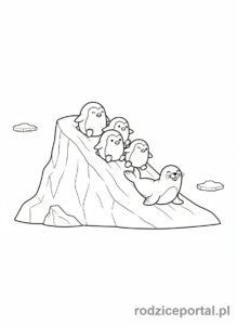 Kolorowanka Kontynenty Dla Dzieci - Antarktyda - pingwiny i foka