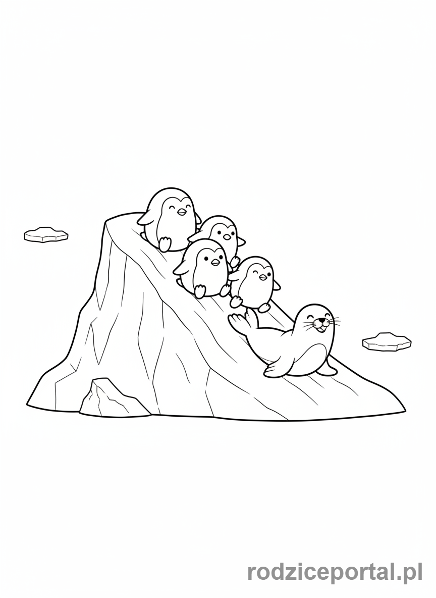 Kolorowanka Kontynenty Dla Dzieci - Antarktyda - pingwiny i foka