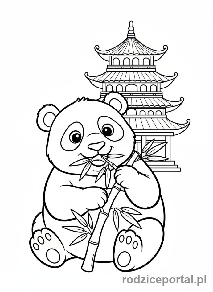 Kolorowanka Kontynenty Dla Dzieci - Azja - panda i pagoda