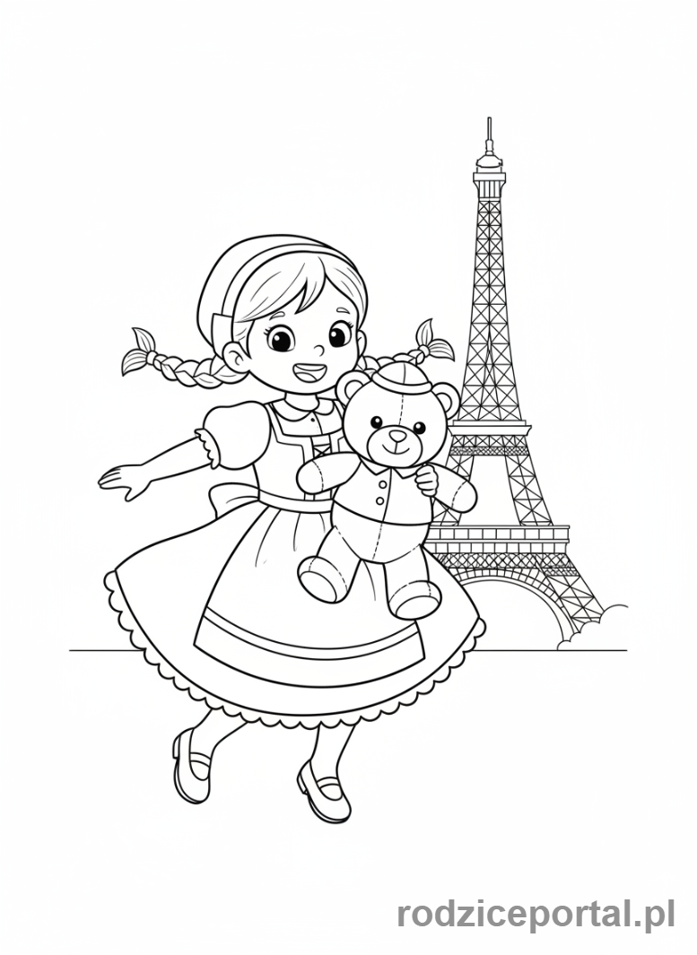 Kolorowanka Kontynenty Dla Dzieci - Europa - dziewczynka i wieża Eiffla