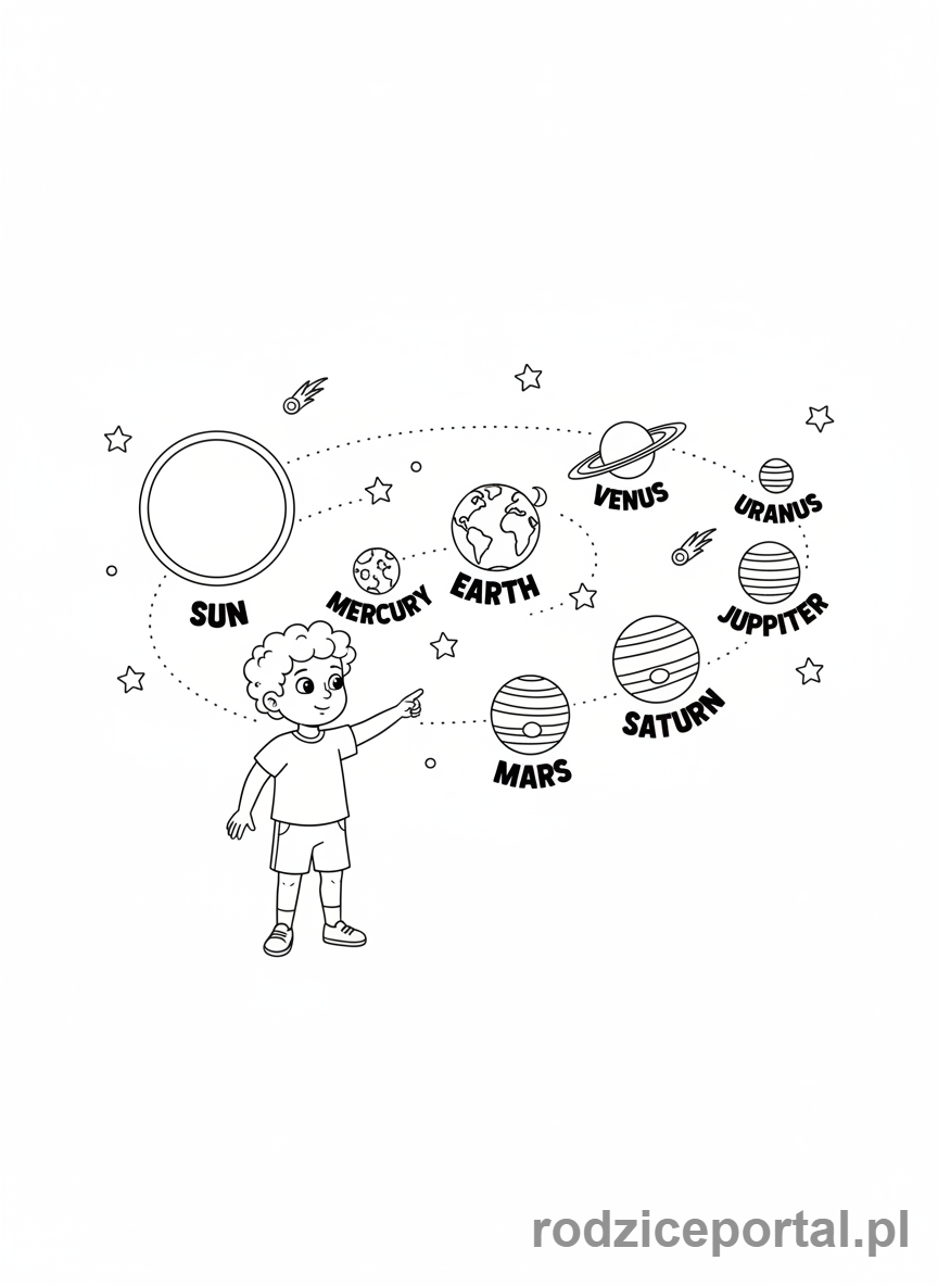 Kolorowanka Kosmos Edukacyjne - Dziecko z planetami