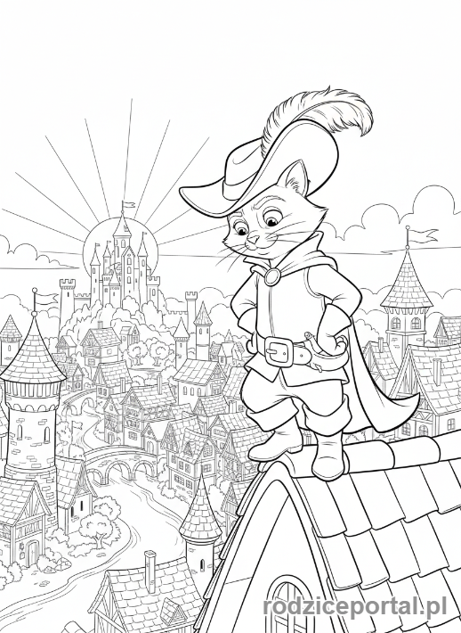 Kolorowanka Kot W Butach - Kot w Butach na dachu