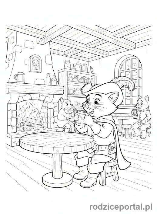 Kolorowanka Kot W Butach - Kot w Butach w karczmie