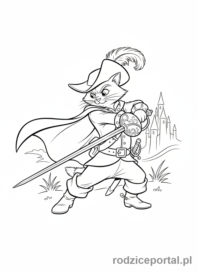 Kolorowanka Kot W Butach - Kot w Butach z szablą