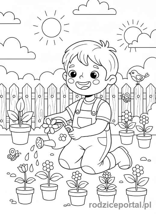 Kolorowanka Kreatywne Bez Ekranu - Dziecko podlewa roslinki