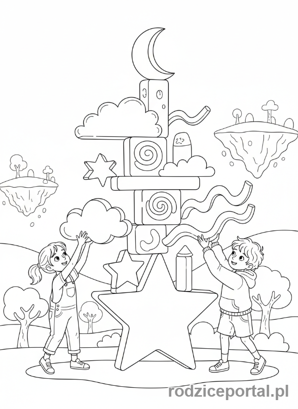 Kolorowanka Kreatywne Myślenie - Dzieci budujące z niezwykłych kształtów