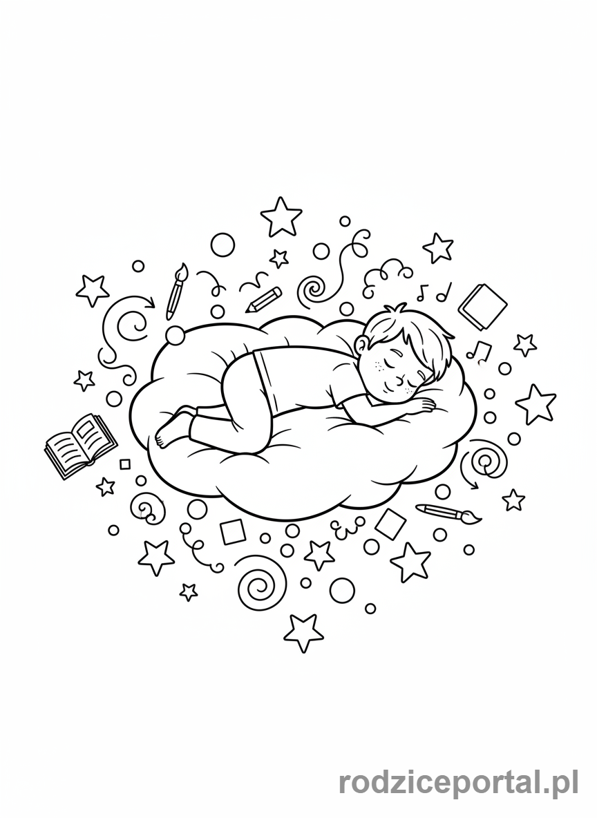 Kolorowanka Kreatywne Myślenie - Dziecko dryfujące na chmurze, pogrążone w marzeniach